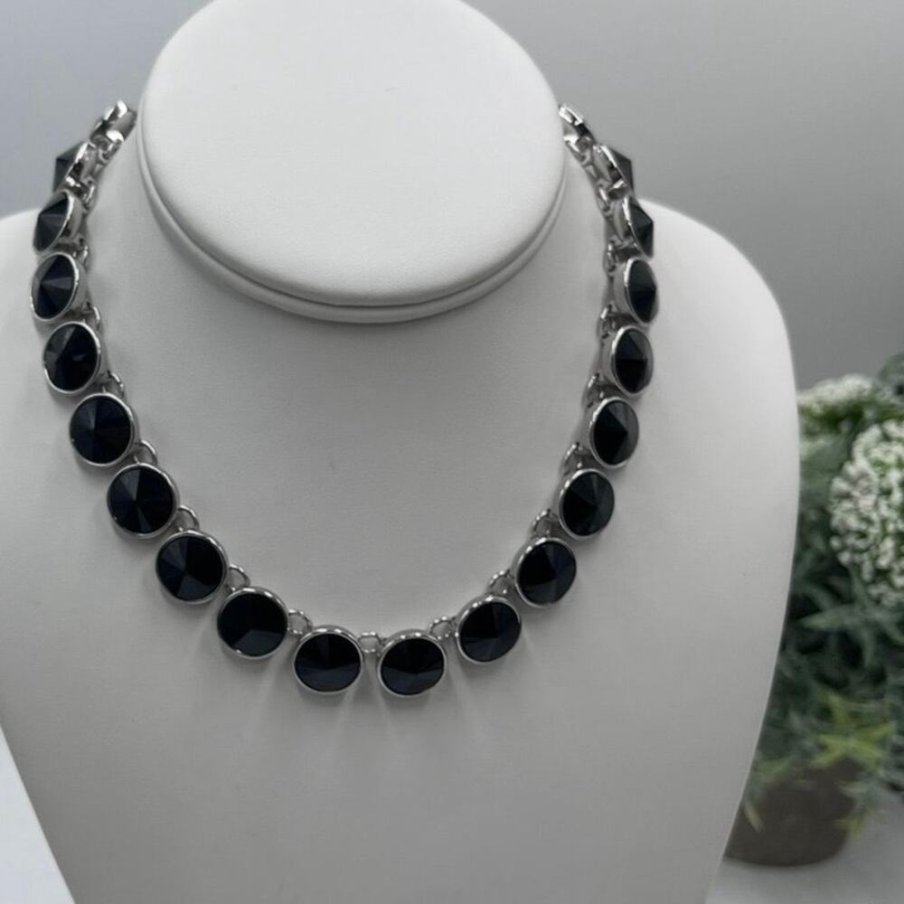 White House Black Market Silver‎ Tone Black Faceted Rhinestone Necklace